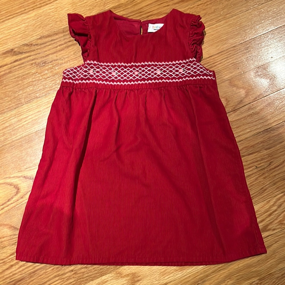 Red Corduroy Ruffle Sleeve Floral Embroidered Dress 12-18M